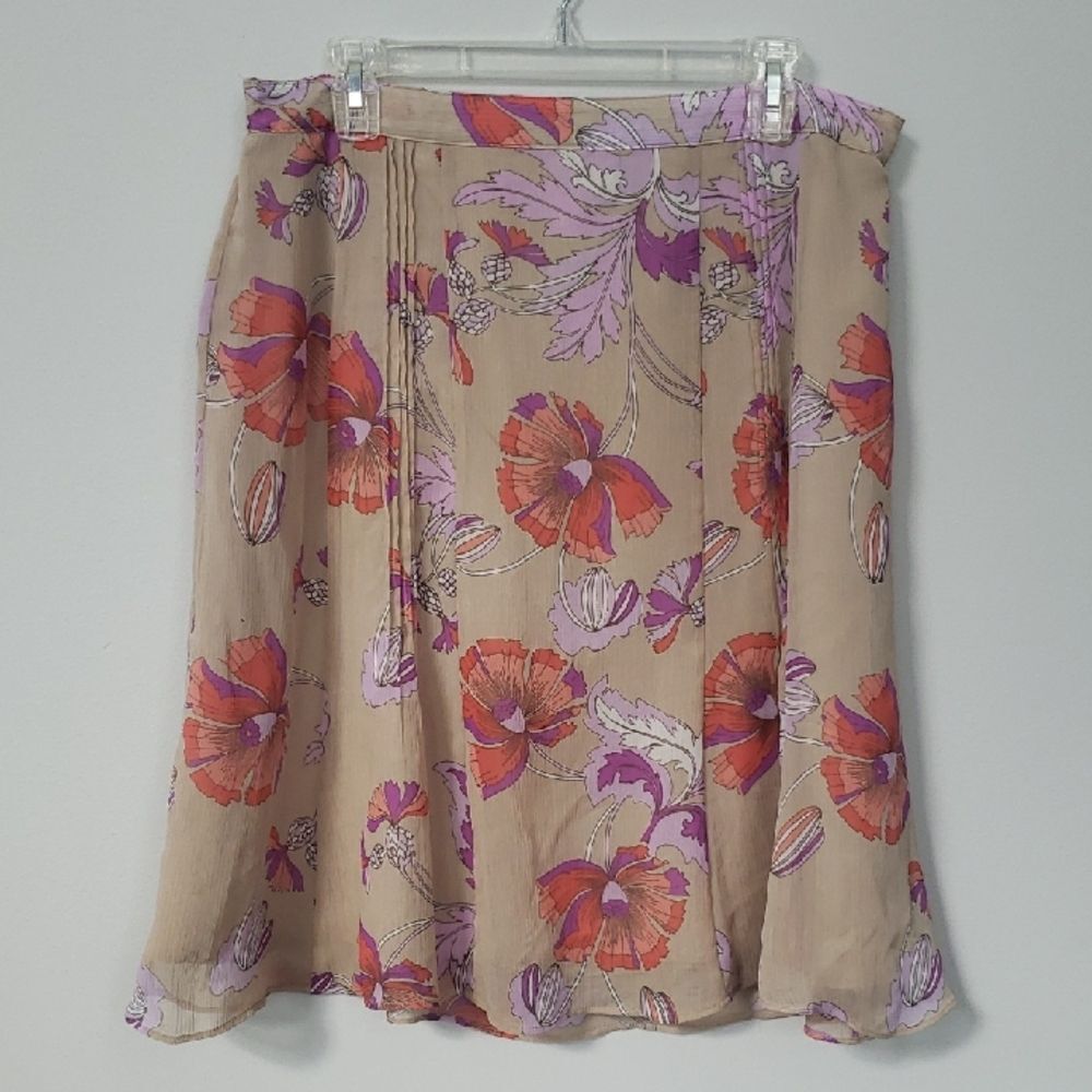 Jaclyn Smith Skirt Womens L 90s Floral Orange Purple Tan Chiffon Coastal Grandma
